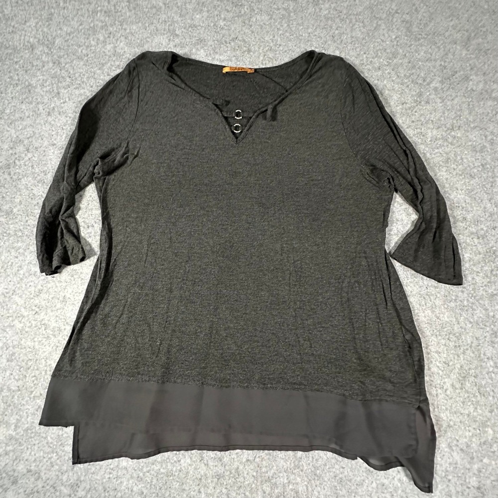 Belldini Tunic Top Womens 1X Charcoal Gray Rhinestone V-Neck Sheer Trim